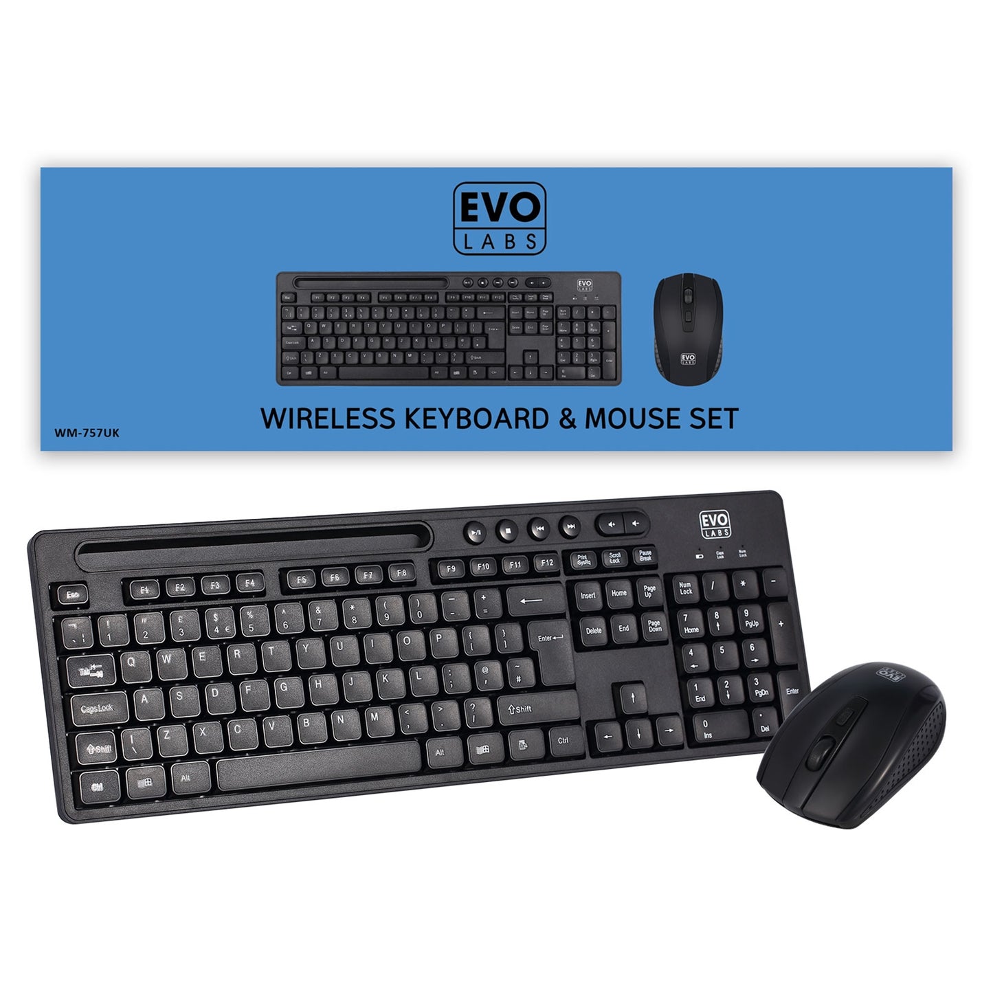 Evo Labs WM-757UK Wireless Keyboard and Mouse Combo Set, With Integrated Phone Stand,