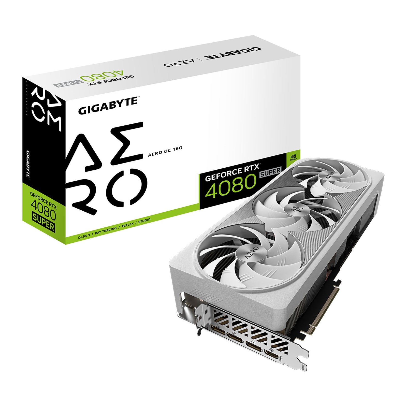 Gigabyte NVIDIA GeForce RTX 4080 SUPER AERO OC 16G Graphics Card, 16GB GDDR6X, 10240 CUDA Cores, 2595 MHz Core Clock, Triple Fan, White, RGB, 3x Display Ports / 1x HDMI Port